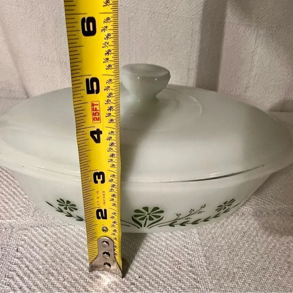 Vintage Glasbake Casserole Dish J235 1 QT Green Daisy Milk Glass Lid.